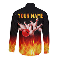 Bowling Ball and Pins Design Long Sleeve Button Shirt with Flame Background and Custom Team Name Text - Wonder Print Shop