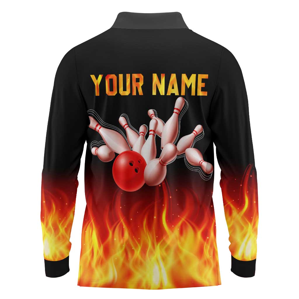 Bowling Ball and Pins Design Long Sleeve Polo Shirt with Flame Background and Custom Team Name Text - Wonder Print Shop