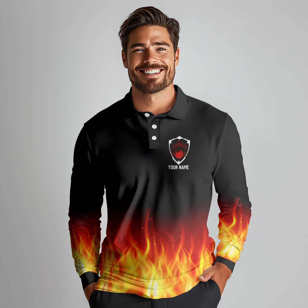 Bowling Ball and Pins Design Long Sleeve Polo Shirt with Flame Background and Custom Team Name Text - Wonder Print Shop