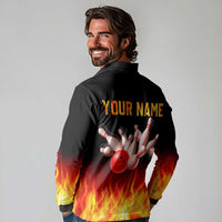 Bowling Ball and Pins Design Long Sleeve Polo Shirt with Flame Background and Custom Team Name Text - Wonder Print Shop