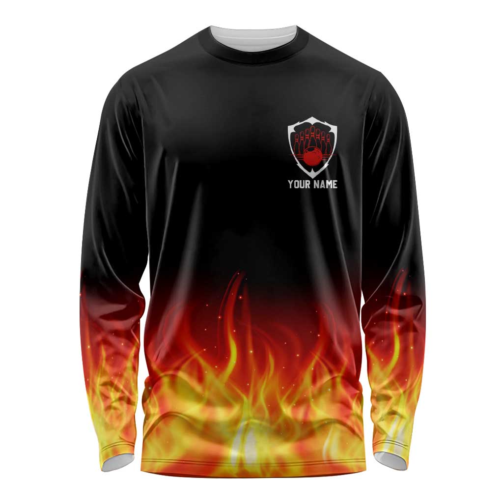 Bowling Ball and Pins Design Long Sleeve Shirt with Flame Background and Custom Team Name Text - Wonder Print Shop
