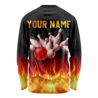 Bowling Ball and Pins Design Long Sleeve Shirt with Flame Background and Custom Team Name Text - Wonder Print Shop