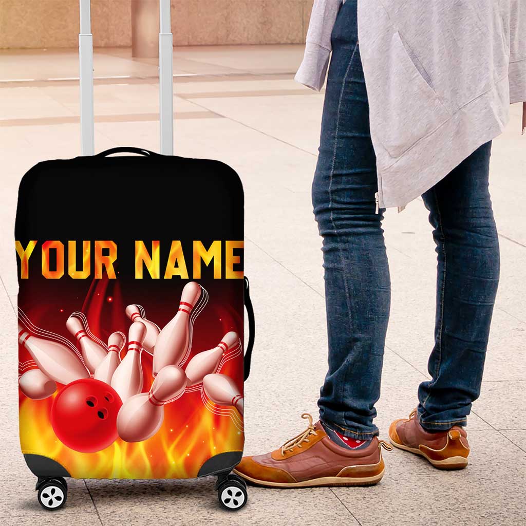 Bowling Ball and Pins Design Luggage Cover with Flame Background and Custom Team Name Text - Wonder Print Shop