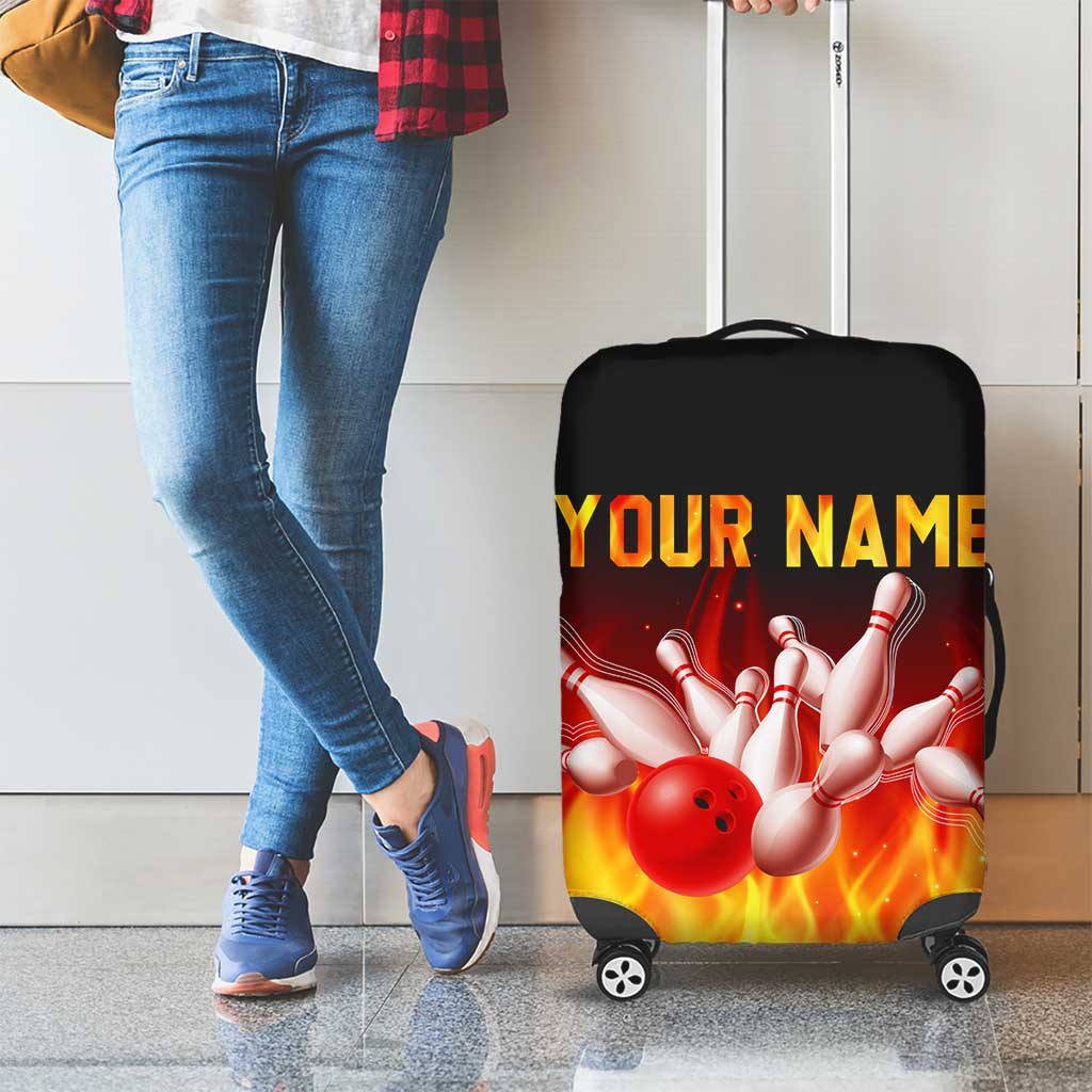 Bowling Ball and Pins Design Luggage Cover with Flame Background and Custom Team Name Text - Wonder Print Shop