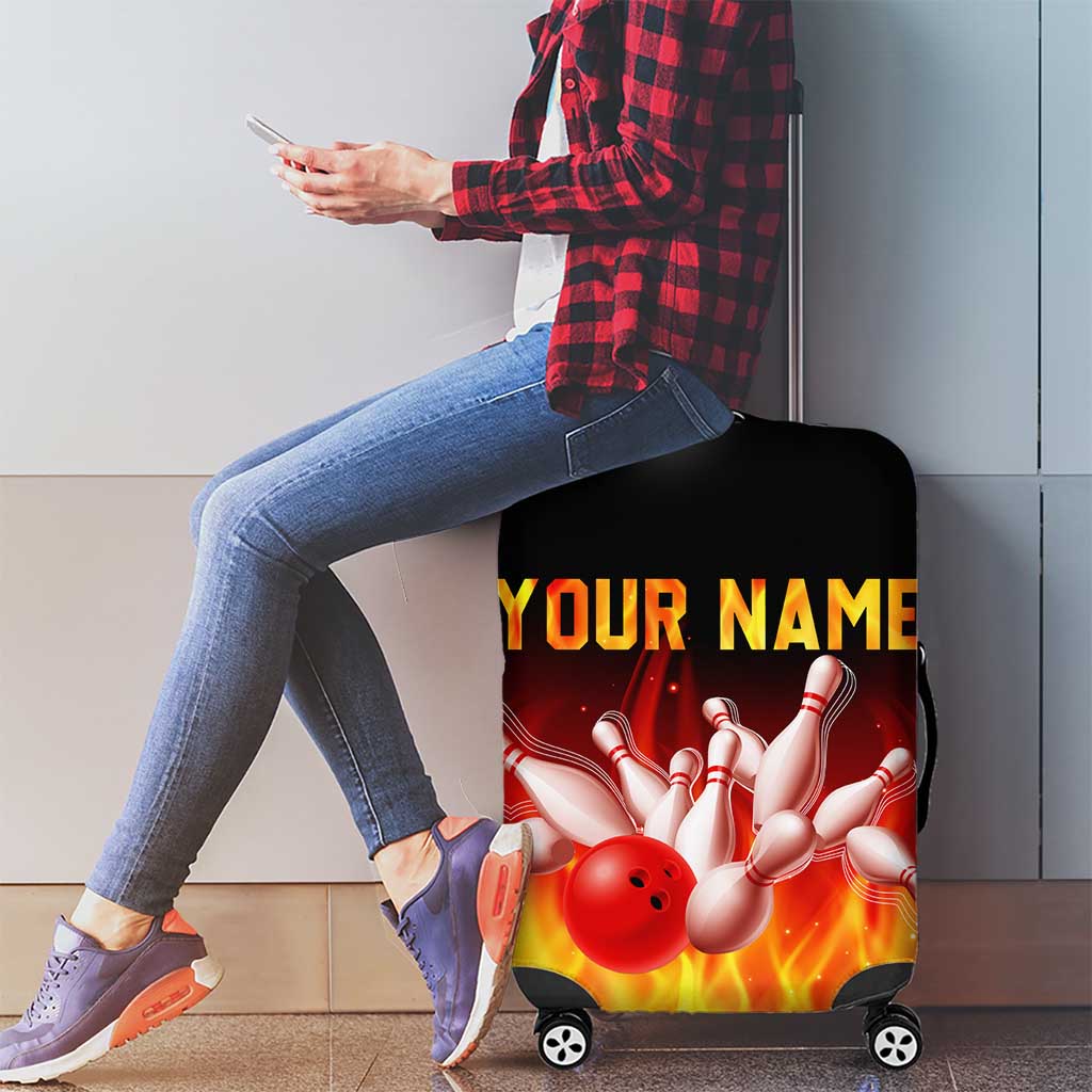 Bowling Ball and Pins Design Luggage Cover with Flame Background and Custom Team Name Text - Wonder Print Shop