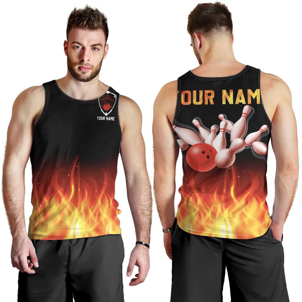 Bowling Ball and Pins Design Men Tank Top with Flame Background and Custom Team Name Text - Wonder Print Shop