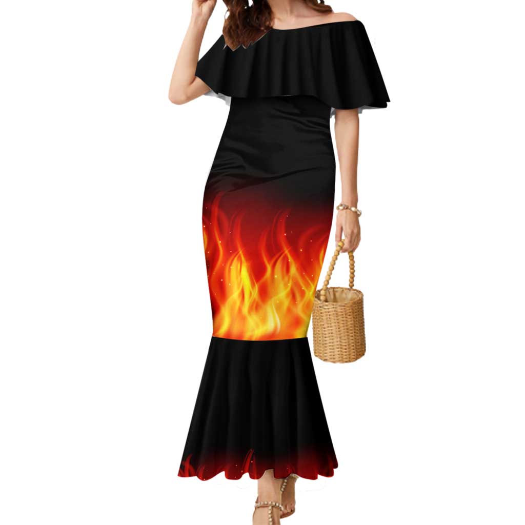 Bowling Ball and Pins Design Mermaid Dress with Flame Background and Custom Team Name Text - Wonder Print Shop