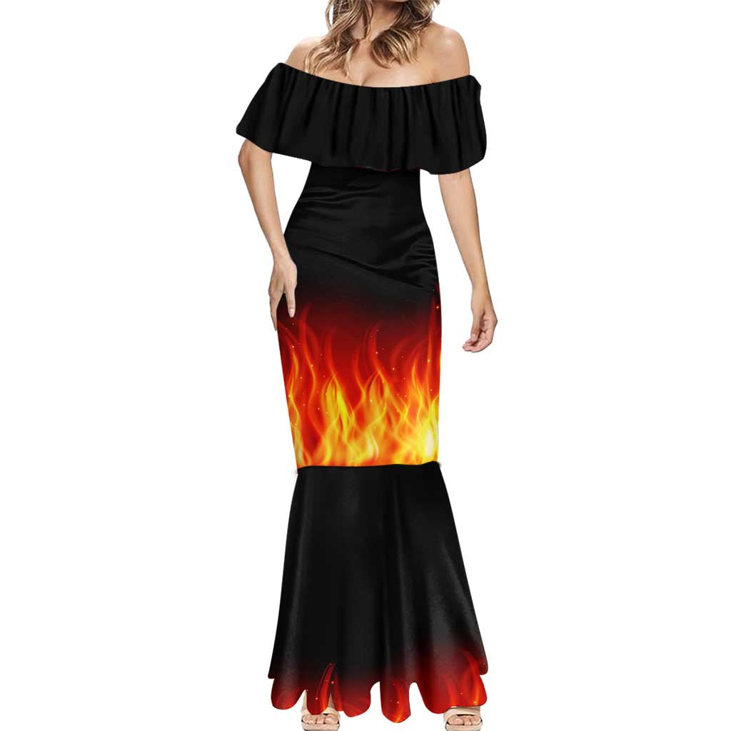 Bowling Ball and Pins Design Mermaid Dress with Flame Background and Custom Team Name Text - Wonder Print Shop