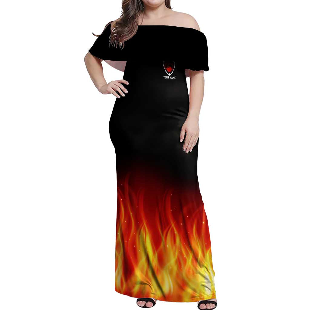 Bowling Ball and Pins Design Off Shoulder Maxi Dress with Flame Background and Custom Team Name Text - Wonder Print Shop