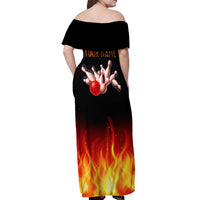 Bowling Ball and Pins Design Off Shoulder Maxi Dress with Flame Background and Custom Team Name Text - Wonder Print Shop