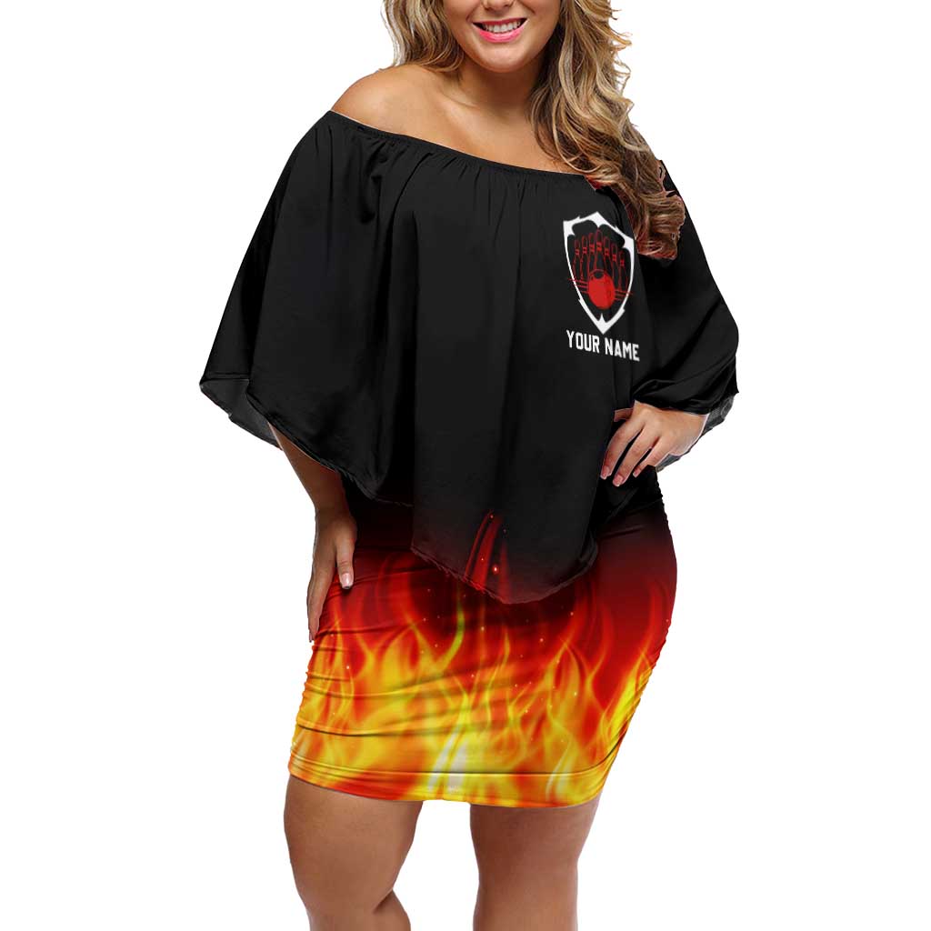 Bowling Ball and Pins Design Off Shoulder Short Dress with Flame Background and Custom Team Name Text - Wonder Print Shop
