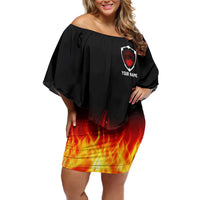 Bowling Ball and Pins Design Off Shoulder Short Dress with Flame Background and Custom Team Name Text - Wonder Print Shop