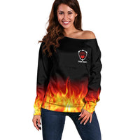 Bowling Ball and Pins Design Off Shoulder Sweater with Flame Background and Custom Team Name Text - Wonder Print Shop