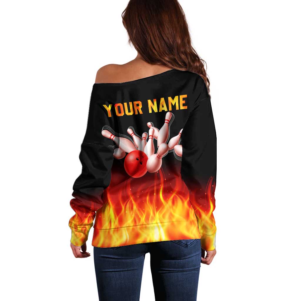 Bowling Ball and Pins Design Off Shoulder Sweater with Flame Background and Custom Team Name Text - Wonder Print Shop