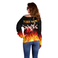 Bowling Ball and Pins Design Off Shoulder Sweater with Flame Background and Custom Team Name Text - Wonder Print Shop