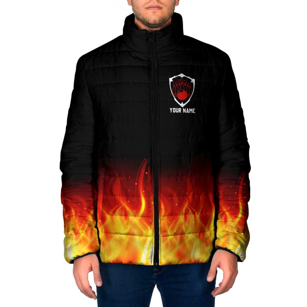 Bowling Ball and Pins Design Padded Jacket with Flame Background and Custom Team Name Text - Wonder Print Shop