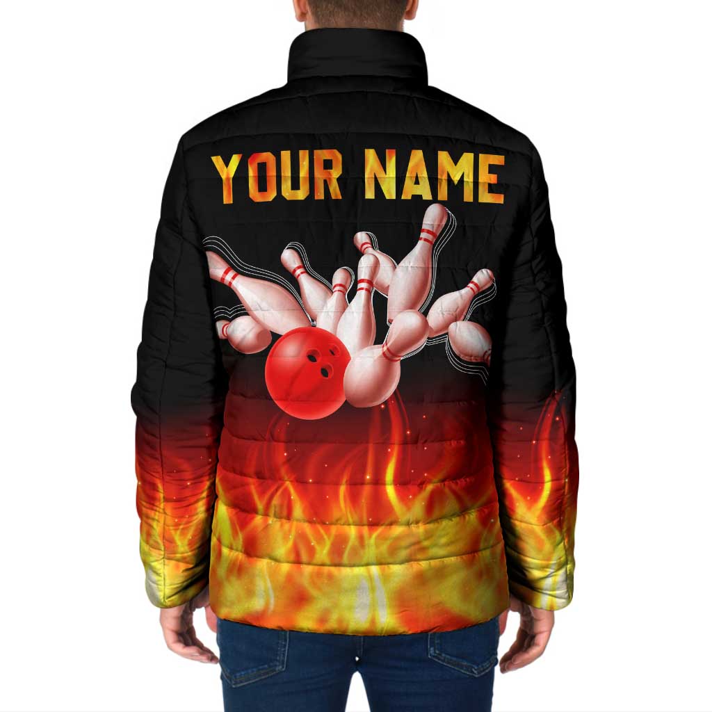 Bowling Ball and Pins Design Padded Jacket with Flame Background and Custom Team Name Text - Wonder Print Shop