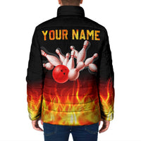 Bowling Ball and Pins Design Padded Jacket with Flame Background and Custom Team Name Text - Wonder Print Shop