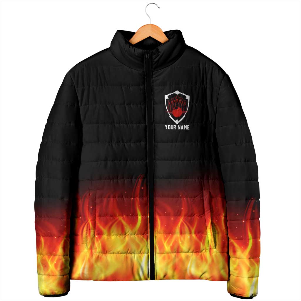 Bowling Ball and Pins Design Padded Jacket with Flame Background and Custom Team Name Text - Wonder Print Shop