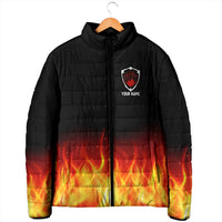 Bowling Ball and Pins Design Padded Jacket with Flame Background and Custom Team Name Text - Wonder Print Shop