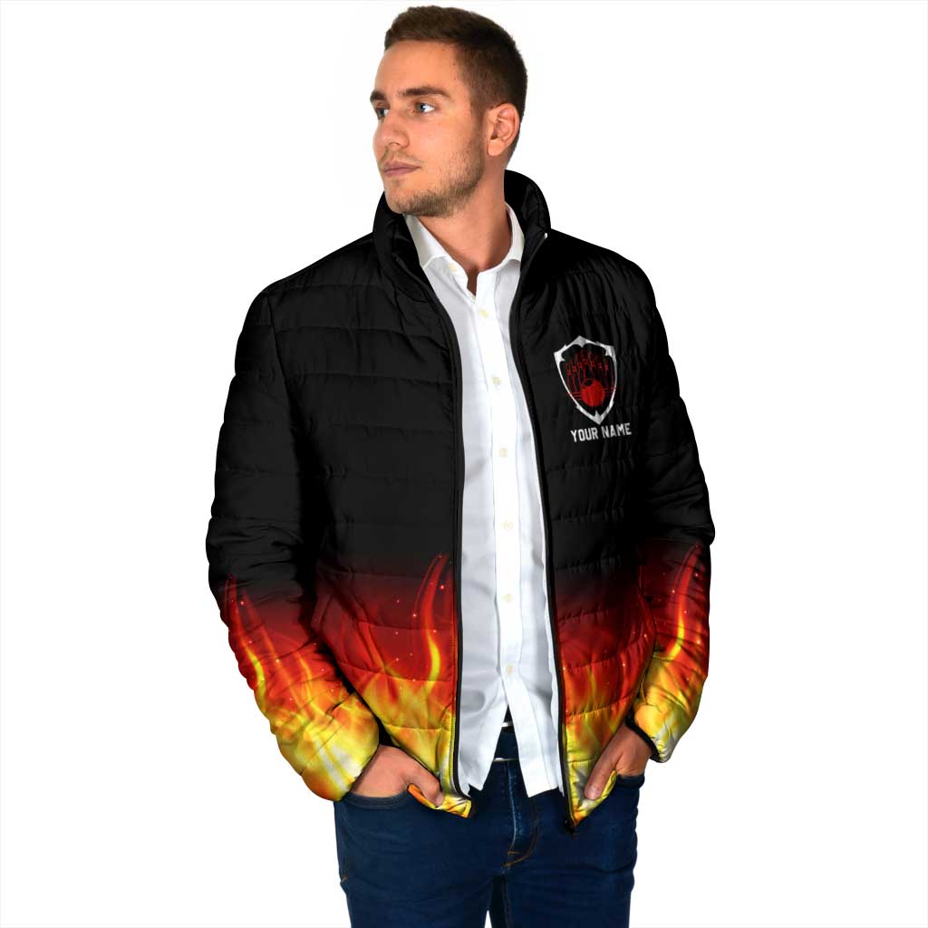 Bowling Ball and Pins Design Padded Jacket with Flame Background and Custom Team Name Text - Wonder Print Shop
