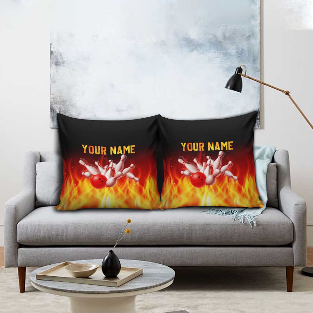 Bowling Ball and Pins Design Pillow Cover with Flame Background and Custom Team Name Text - Wonder Print Shop