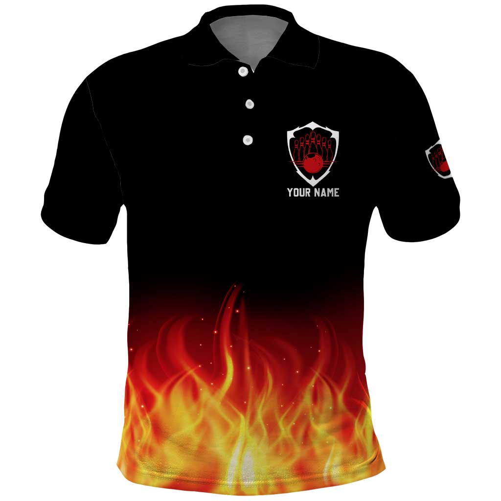 Bowling Ball and Pins Design Polo Shirt with Flame Background and Custom Team Name Text - Wonder Print Shop