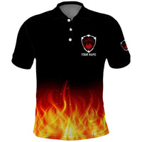 Bowling Ball and Pins Design Polo Shirt with Flame Background and Custom Team Name Text - Wonder Print Shop