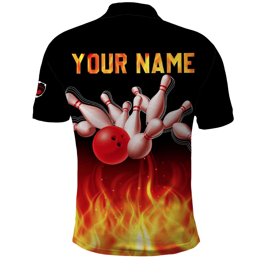 Bowling Ball and Pins Design Polo Shirt with Flame Background and Custom Team Name Text - Wonder Print Shop