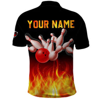 Bowling Ball and Pins Design Polo Shirt with Flame Background and Custom Team Name Text - Wonder Print Shop