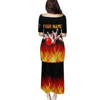 Bowling Ball and Pins Design Puletasi with Flame Background and Custom Team Name Text - Wonder Print Shop
