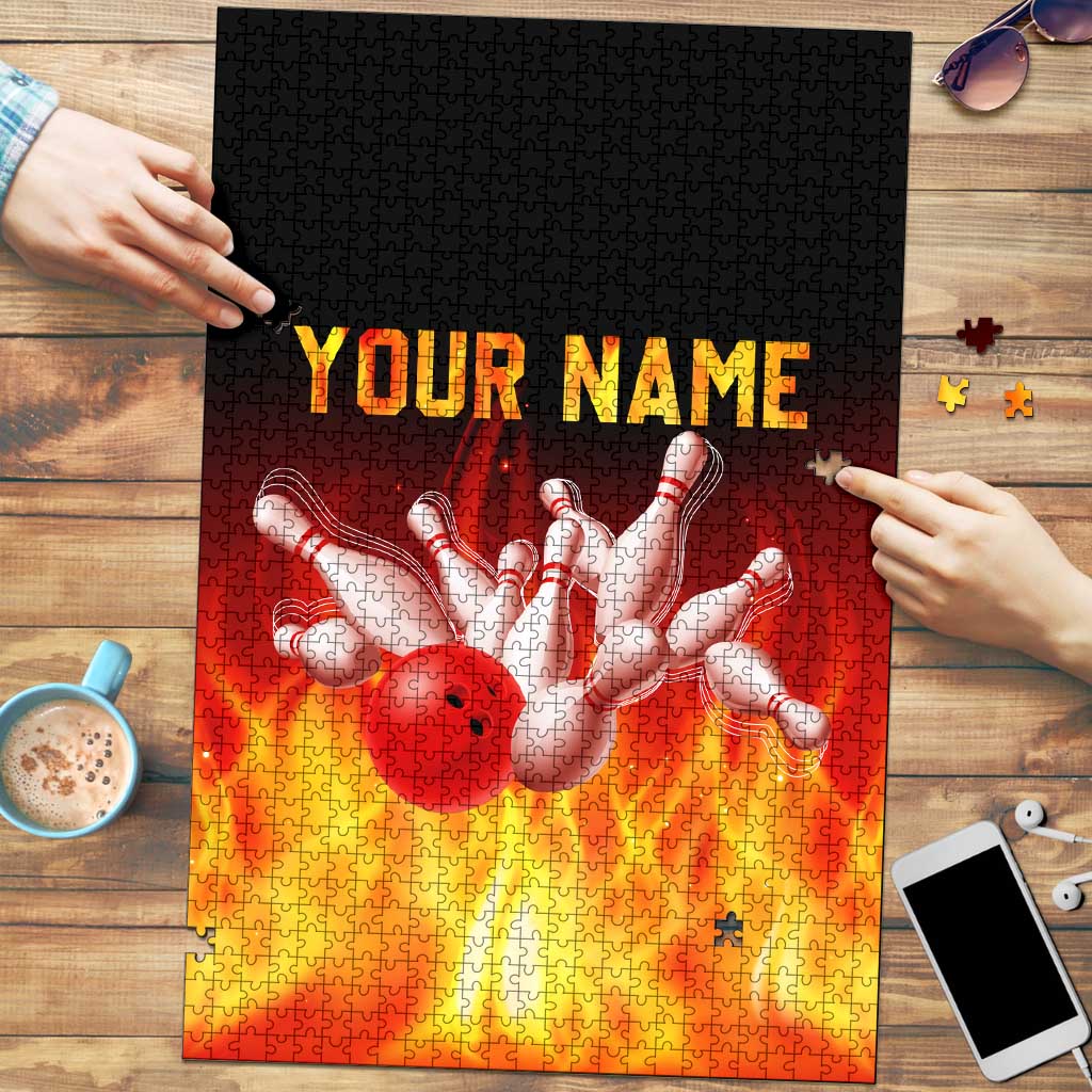 Bowling Ball and Pins Design Puzzle with Flame Background and Custom Team Name Text - Wonder Print Shop