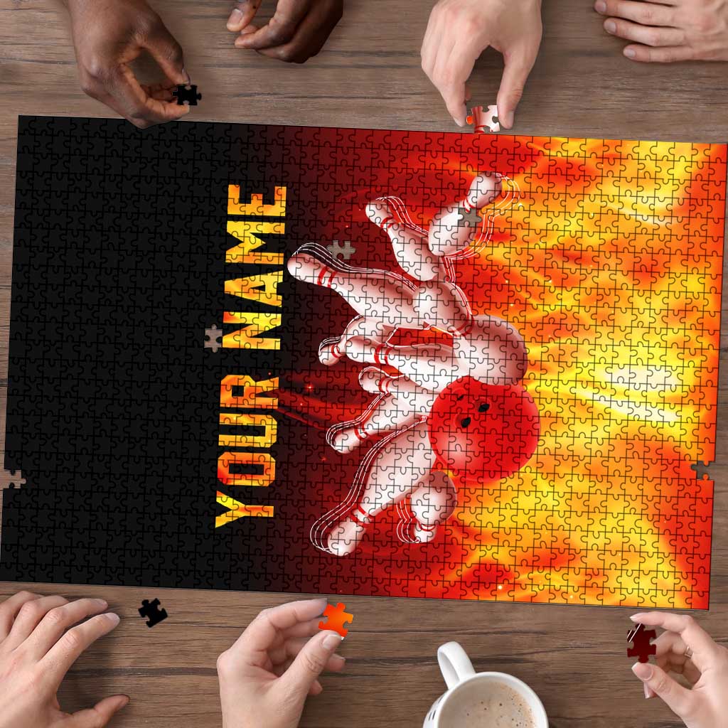 Bowling Ball and Pins Design Puzzle with Flame Background and Custom Team Name Text - Wonder Print Shop