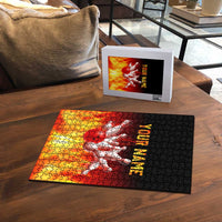 Bowling Ball and Pins Design Puzzle with Flame Background and Custom Team Name Text - Wonder Print Shop