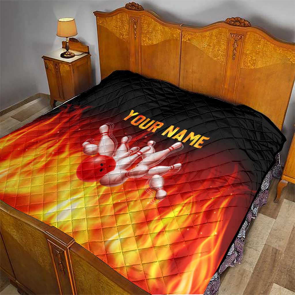Bowling Ball and Pins Design Quilt with Flame Background and Custom Team Name Text - Wonder Print Shop