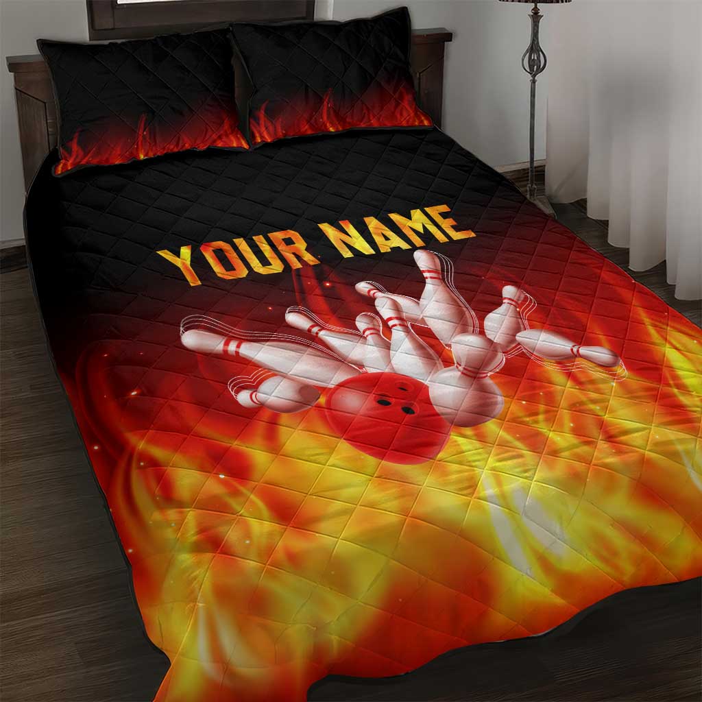Bowling Ball and Pins Design Quilt Bed Set with Flame Background and Custom Team Name Text - Wonder Print Shop
