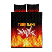 Bowling Ball and Pins Design Quilt Bed Set with Flame Background and Custom Team Name Text - Wonder Print Shop