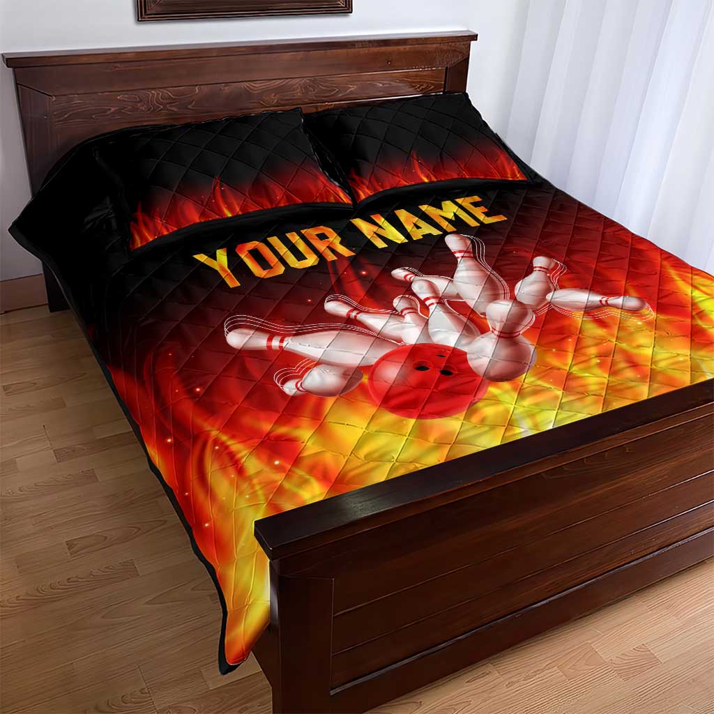 Bowling Ball and Pins Design Quilt Bed Set with Flame Background and Custom Team Name Text - Wonder Print Shop