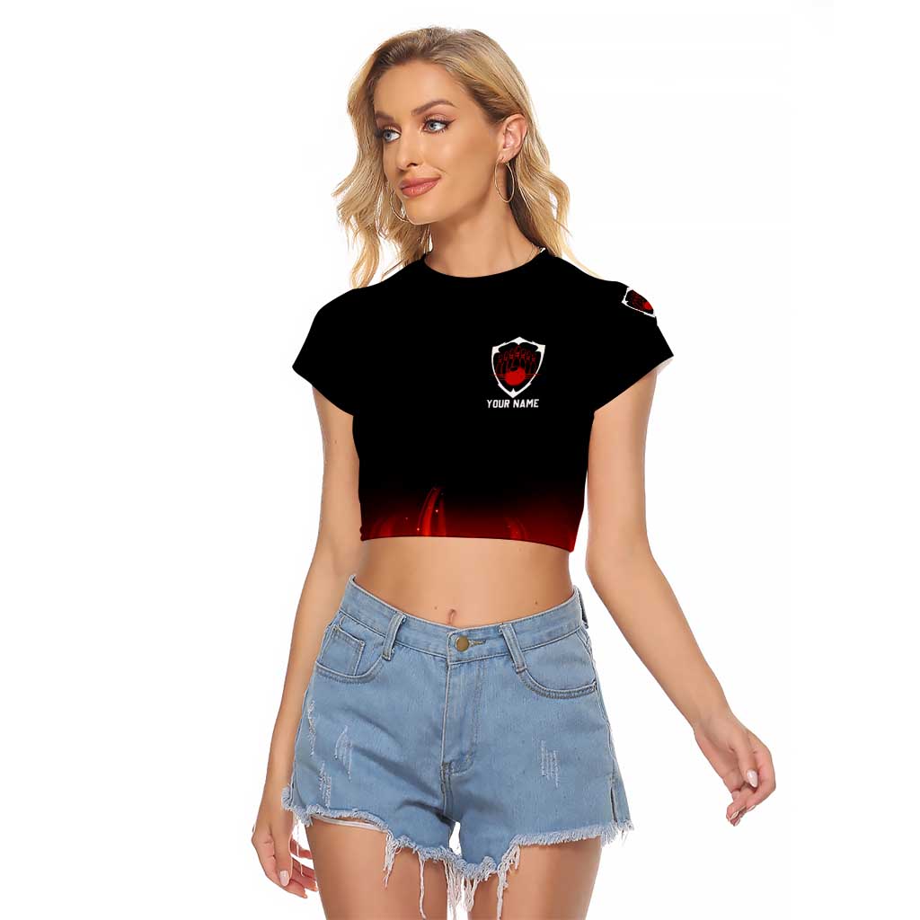 Bowling Ball and Pins Design Raglan Cropped T Shirt with Flame Background and Custom Team Name Text - Wonder Print Shop
