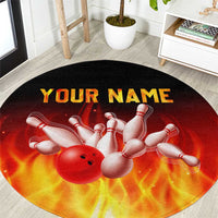 Bowling Ball and Pins Design Round Carpet with Flame Background and Custom Team Name Text - Wonder Print Shop