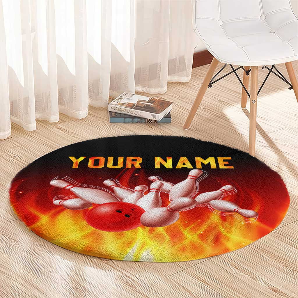 Bowling Ball and Pins Design Round Carpet with Flame Background and Custom Team Name Text - Wonder Print Shop