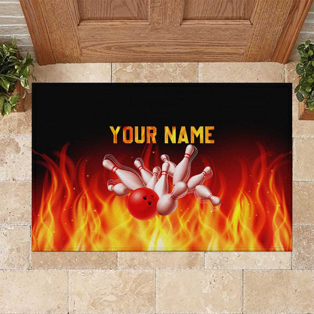 Bowling Ball and Pins Design Rubber Doormat with Flame Background and Custom Team Name Text - Wonder Print Shop