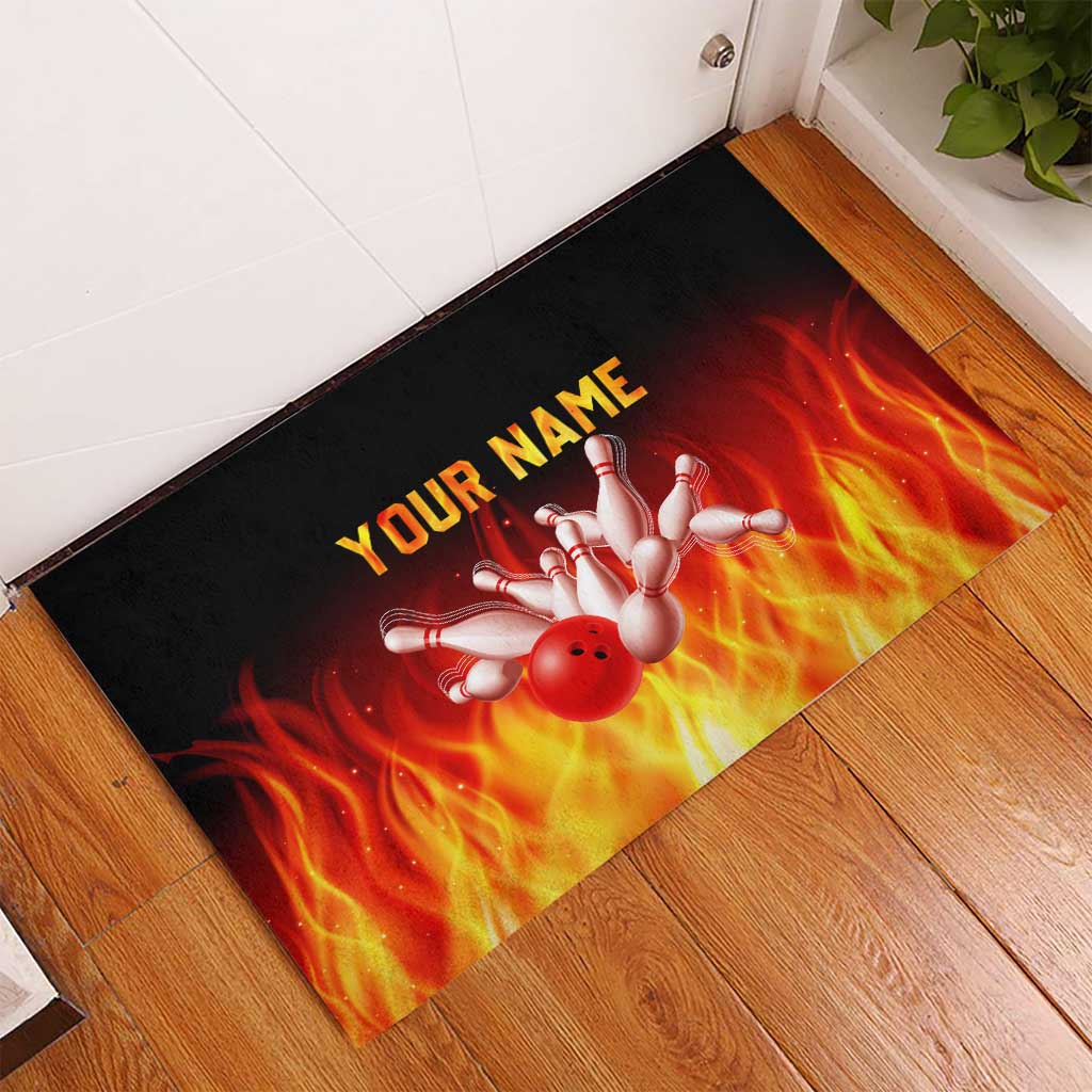 Bowling Ball and Pins Design Rubber Doormat with Flame Background and Custom Team Name Text - Wonder Print Shop
