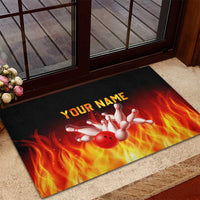 Bowling Ball and Pins Design Rubber Doormat with Flame Background and Custom Team Name Text - Wonder Print Shop