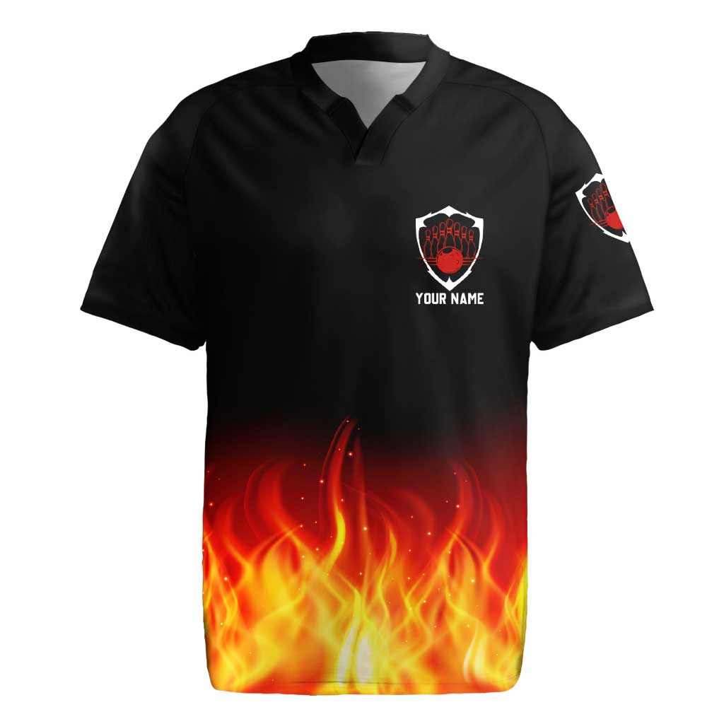 Bowling Ball and Pins Design Rugby Jersey with Flame Background and Custom Team Name Text - Wonder Print Shop