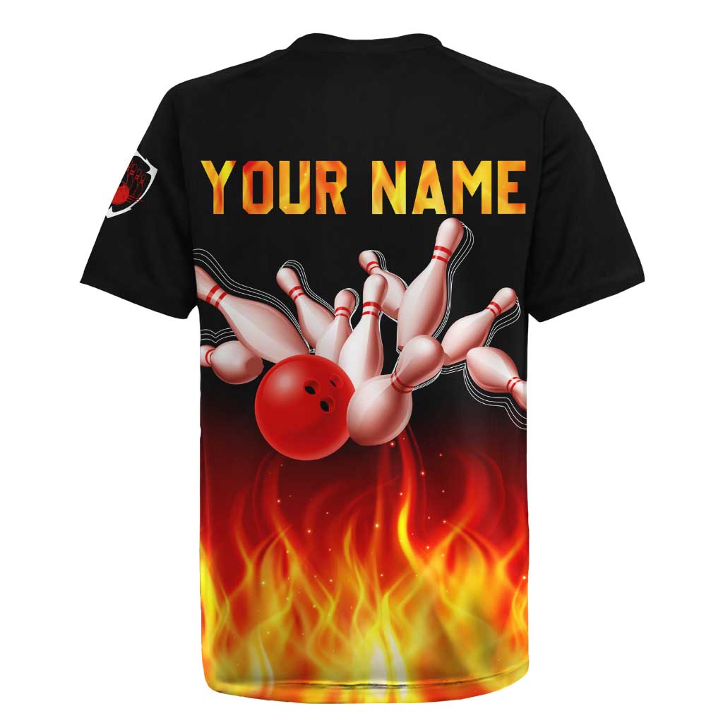 Bowling Ball and Pins Design Rugby Jersey with Flame Background and Custom Team Name Text - Wonder Print Shop