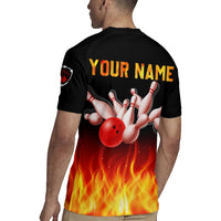 Bowling Ball and Pins Design Rugby Jersey with Flame Background and Custom Team Name Text - Wonder Print Shop