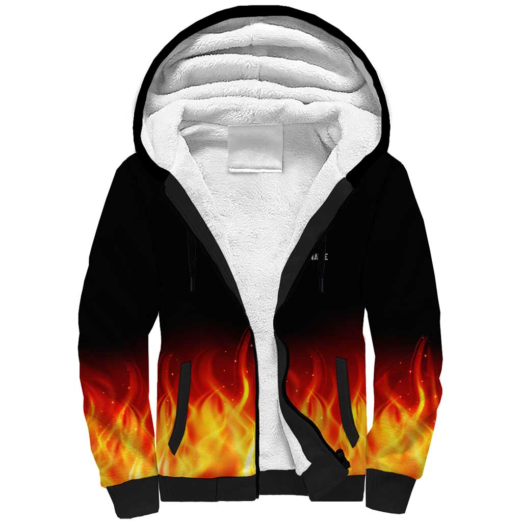 Bowling Ball and Pins Design Sherpa Hoodie with Flame Background and Custom Team Name Text - Wonder Print Shop