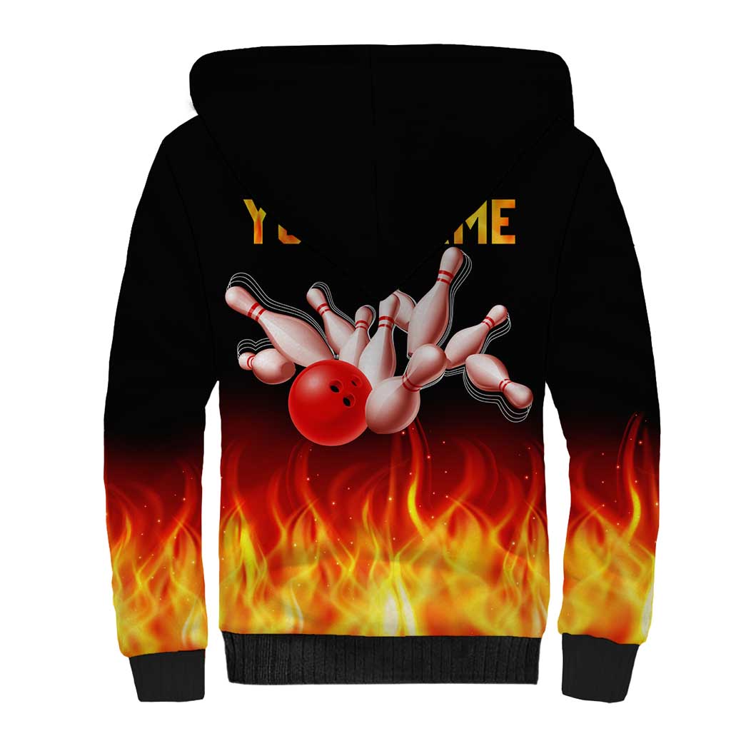 Bowling Ball and Pins Design Sherpa Hoodie with Flame Background and Custom Team Name Text - Wonder Print Shop