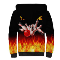 Bowling Ball and Pins Design Sherpa Hoodie with Flame Background and Custom Team Name Text - Wonder Print Shop